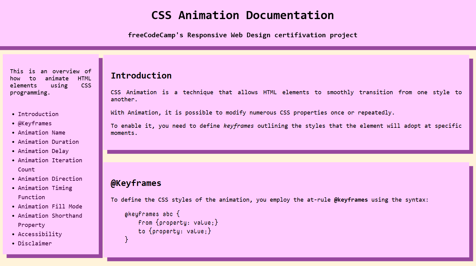 Preview of the CSS Animation Documentation Interface project